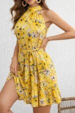 Kadın Omuzlardan Açık Balıkçı Yakalı Kuşaklı Desenli Kısa Süprem Elbise - Görsel 2