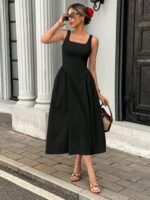 Kadın Askılı Kare Yakalı Uzun Ithal Krep Elbise - Görsel 2