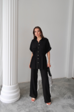 KETEN BELDEN BÜZGÜ DETAYLI GÖMLEK - PANTOLON TAKIM - Siyah - Görsel 4