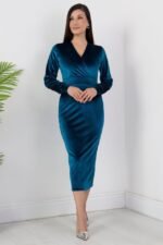 Kadın Kadife Kumaş Manşetli V Yaka Şık Kalem Elbise - Görsel 7