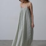 Askılı Çizgi Desen Elbise - Haki