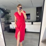 Kadınn V Yaka Düğme Detay Kuşak Dahil Elbise