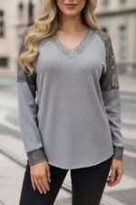 Kadın Uzun Kollu V Yakalı Dantelli Waffle Bluz - Görsel 3