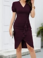 Kadın Kısa Kollu V Yakalı önden Fırfırlı Ithal Krep Elbise - Görsel 5