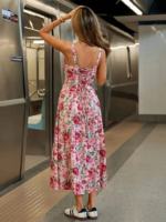 Kadın Askılı Geniş V Yakalı Sırttan Bağlamalı Yırtmaçlı Süprem Elbise - Görsel 3