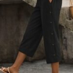 Kadın Yüksel Bel Lastikli Yandan Dügme Detaylı Midi Pantolon