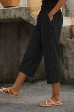 Kadın Yüksel Bel Lastikli Yandan Dügme Detaylı Midi Pantolon