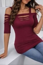 Kadın Omuzlardan Açık Askılı Lazer Kesim Detaylı Viskon Bluz - Görsel 2