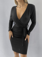 Kadın Uzun Kollu Kruvaze Yaka Bağcık Detay Akrilik Mini Boy Elbise - Görsel 5