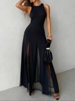 Kadın Askılı Bisiklet Yaka Etek Ucu Tül Detaylı Asimetrik Kiloş Uzun Ithal Krep Elbise - Görsel 2