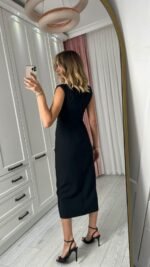 Kadın Askılı Kolsuz Belden Büzgülü Yırtmaçlı Midi Janjan Krep Elbise - Görsel 9