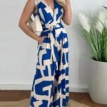 Kadın Askılı Kruvaze Yakalı Belden Kuşaklı Uzun Desenli Süprem Tulum