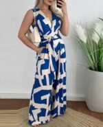 Kadın Askılı Kruvaze Yakalı Belden Kuşaklı Uzun Desenli Süprem Tulum