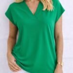 Kadın V Yaka Kısa Kol Dokuma Viskon Kumaş Bluz