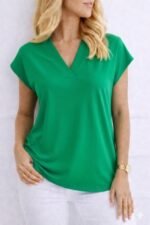 Kadın V Yaka Kısa Kol Dokuma Viskon Kumaş Bluz