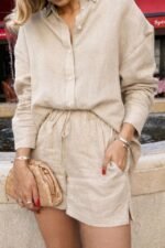 Kadın Uzun Kollu Salaş Gömlek Ve şort Keten Ikili Takım - Görsel 2