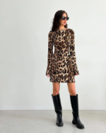 Kadın Uzun Kollu Sırtı Açık Bağlamalı Leopar Desenli Kısa Dalgıç Elbise - Görsel 4