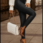 Kadın Yüksek Bel Yanlardan Incili Yırtmaçlı Uzun Deri Tayt