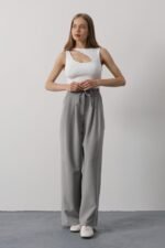 Pileli Bağcıklı Oversize Pantolon - Gri - Görsel 4