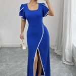 Kadın Kısa Kollu Kare Yakalı önden çapraz Kesim Detaylı Krep Elbise