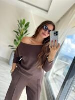 Kadın Uzun Kollu Tek Omuzdan Açık Modal Bluz Ve Pantolon Ikili Takım - Görsel 3