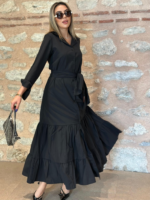 Kadın Uzun Kollu Eteği Fırfırlı Beli Kuşaklı Trikoton Tam Boy Gömlek Elbise - Görsel 10