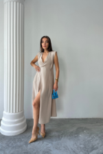 KRUVAZE VATKALI KOLSUZ ELBİSE MODAL KUMAŞ - Bej - Görsel 4