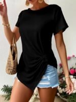 Kadın Kısa Kollu Bisiklet Yaka Asimetrik Kesim Detaylı Viskon Bluz - Görsel 4