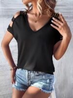 Kadın Kısa Kollu V Yakalı şerit Detaylı Viskon Bluz - Görsel 5