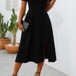 Kadın Kısa Kollu Kare Yakalı Yırtmaçlı Midi Janjan Krep Elbise