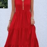 Kadın Askılı V Yakalı önden Düğmeli Midi Viskon Elbise