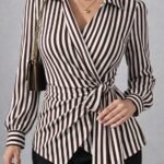 Kadın çizgili Kruvaze Bağlamalı Gömlek