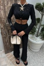 Göğüs Bağcık Detaylı Ajurlu Bluz Pantolon Takım 10098 - Görsel 4