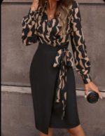 Kadın Uzun Kollu Kruvaze Yaka Dijital Baskılı Fiyonk Detay Atlas Kumaş Elbise - Görsel 3