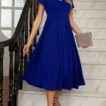 Kadın Kısa Kollu V Yakalı önden Pileli Midi Janjan Krep Elbise