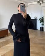 Kadın Uzun Kollu Balıkçı Yaka Kol Ağzı Tüy Detaylı Uzun Krep Elbise - Görsel 2