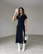 Kadın Kısa Kollu Yakadan Ve Etekten Fermuarlı Midi Viskon Iki Iplik Elbise - Görsel 5