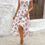 Kadın Kısa Kollu V Yakalı çiçek Desenli önü Kısa Arkası Uzun Süprem Elbise