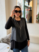 Kadın Uzun Kollu Asimetrik Kesim Viskon Bluz Ve çatlak Deri Görünümlü Yelek Ikili Takım - Görsel 5