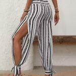 Kadın Yüksek Bel Desenli Paçadan Bağlamalı Yanları Yırtmaçlı Süprem Pantolon