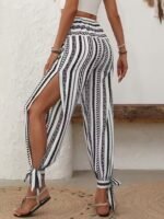 Kadın Yüksek Bel Desenli Paçadan Bağlamalı Yanları Yırtmaçlı Süprem Pantolon