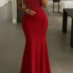 Kadın Omuz çoklu Askılı önü Taş Işlemeli Balık Kesim Janjan Krep Maxi Boy Elbise