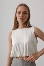 Saten Kolsuz Belki Lastikli Bluz - Ekru - Görsel 4