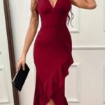 Kadın Askılı V Yakalı önden Fırfırlı Uzun Ithal Krep Elbise