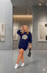 Kadın Uzun Kollu Bisiklet Yaka Yazılı Viskon Iki Iplik Elbise