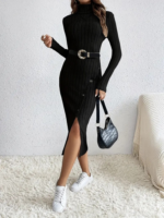 Kadın Uzun Kollu Balıkçı Yaka Yırtmaçlı Düğmeli şardonlu Kaşkorse Elbise - Görsel 2