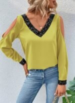 Kadın Uzun Kollu V Yakalı Omuzlardan Açık Sandy Bluz - Görsel 3