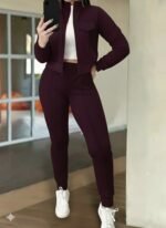 Kadın Uzun Kollu önden Fermuarlı Kısa Modal Mor Ceket Ve Pantolon Ikili Takım - Görsel 4