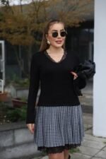 Kadın Uzun Kollu Denteli Yaka Ekose Etek Detay Diz üstü Elbise