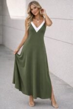 Kadın Ip Askılı Keskin V Yakalı Uzun Viskon Elbise - Görsel 3